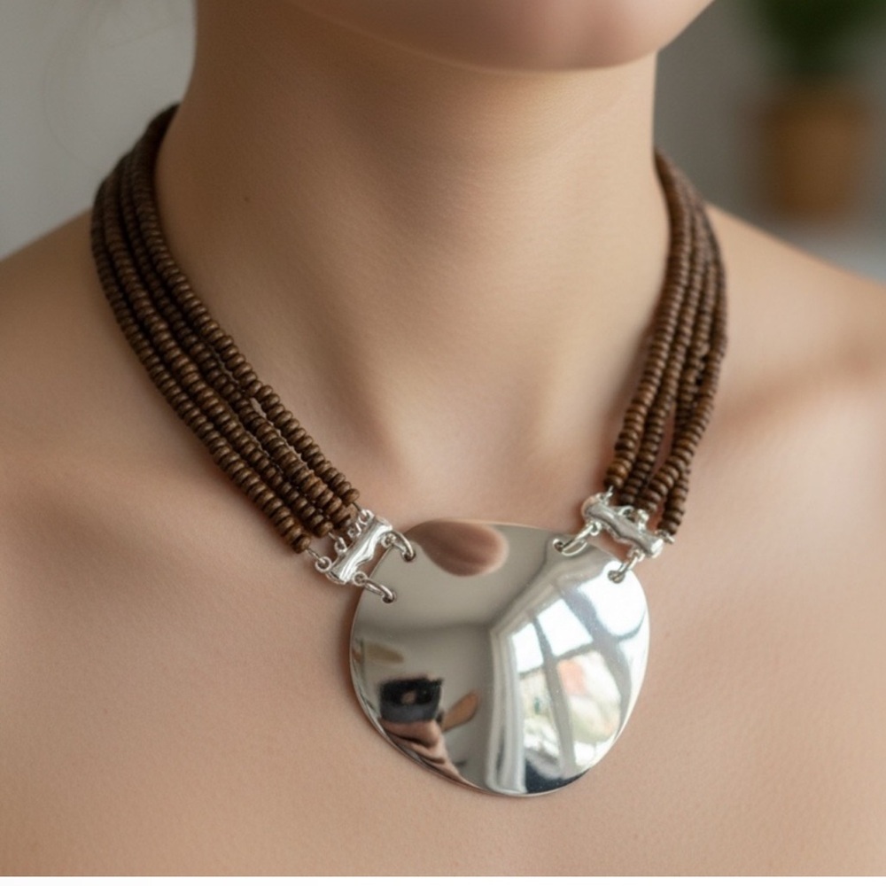 Brown Beaded Necklace with Silver Pendant